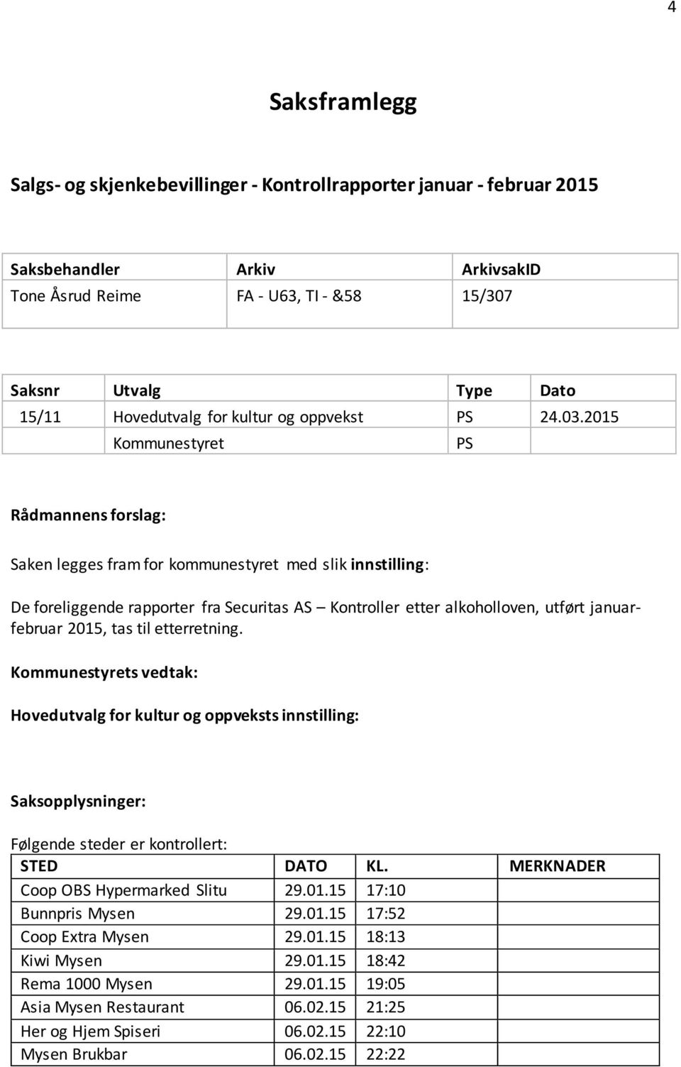 2015 Kommunestyret PS Rådmannens forslag: Saken legges fram for kommunestyret med slik innstilling: De foreliggende rapporter fra Securitas AS Kontroller etter alkoholloven, utført januarfebruar