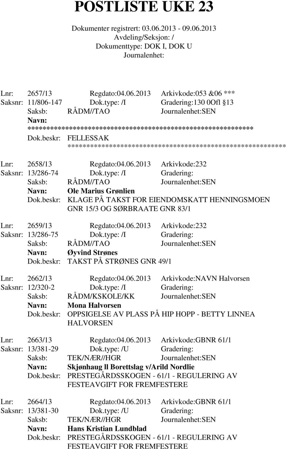 type: /I Gradering: Øyvind Strønes Dok.beskr: TAKST PÅ STRØNES GNR 49/1 Lnr: 2662/13 Regdato:04.06.2013 Arkivkode:NAVN Halvorsen Saksnr: 12/320-2 Dok.