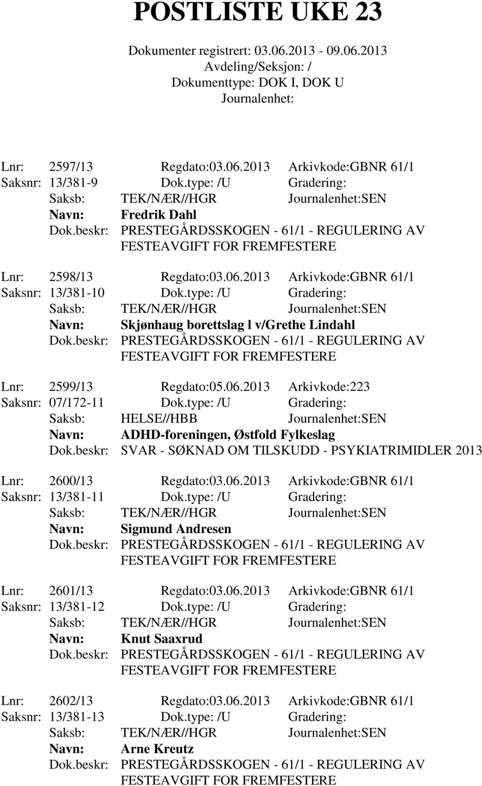 type: /U Gradering: Saksb: HELSE//HBB SEN ADHD-foreningen, Østfold Fylkeslag Dok.beskr: SVAR - SØKNAD OM TILSKUDD - PSYKIATRIMIDLER 2013 Lnr: 2600/13 Regdato:03.06.