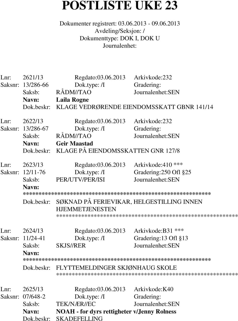 type: /I Gradering:250 Ofl 25 Saksb: PER/UTV/PER/ISI SEN Dok.beskr: SØKNAD PÅ FERIEVIKAR, HELGESTILLING INNEN HJEMMETJENESTEN Lnr: 2624/13 Regdato:03.06.2013 Arkivkode:B31 *** Saksnr: 11/24-41 Dok.