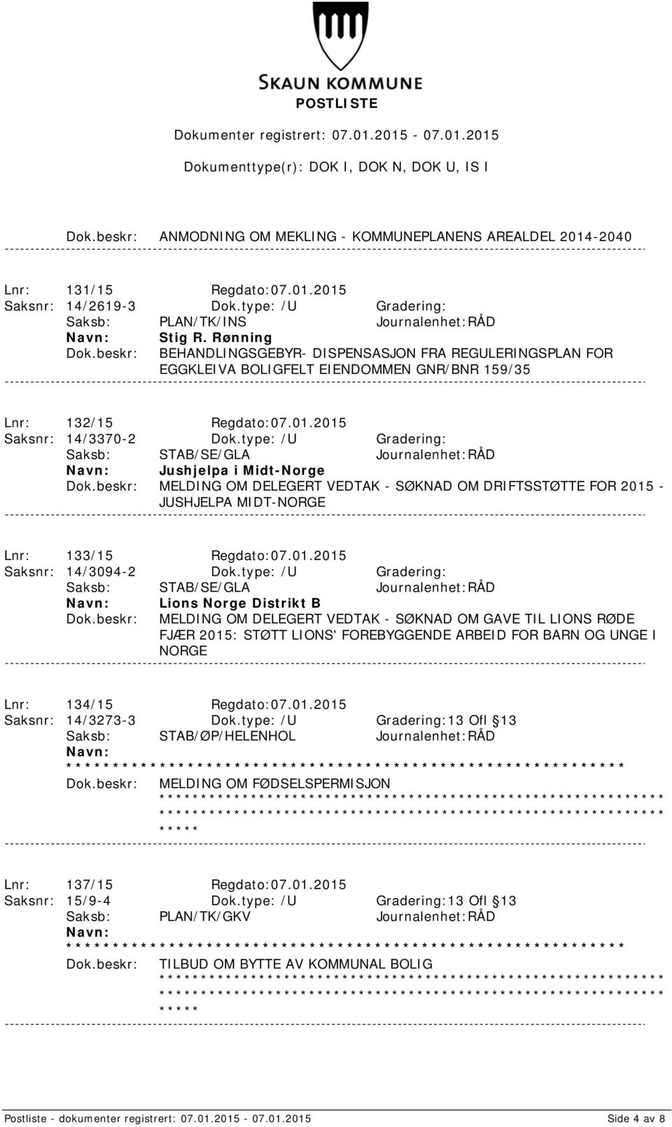 type: /U Gradering: Saksb: STAB/SE/GLA Journalenhet:RÅD Jushjelpa i Midt-Norge MELDING OM DELEGERT VEDTAK - SØKNAD OM DRIFTSSTØTTE FOR 2015 - JUSHJELPA MIDT-NORGE Lnr: 133/15 Regdato:07.01.2015 Saksnr: 14/3094-2 Dok.