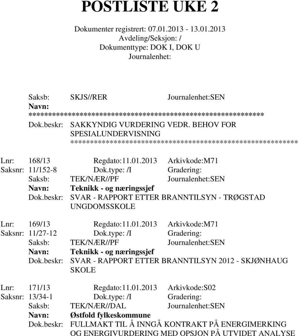 2013 Arkivkode:M71 Saksnr: 11/27-12 Dok.type: /I Gradering: Saksb: TEK/NÆR//PF SEN Teknikk - og næringssjef Dok.