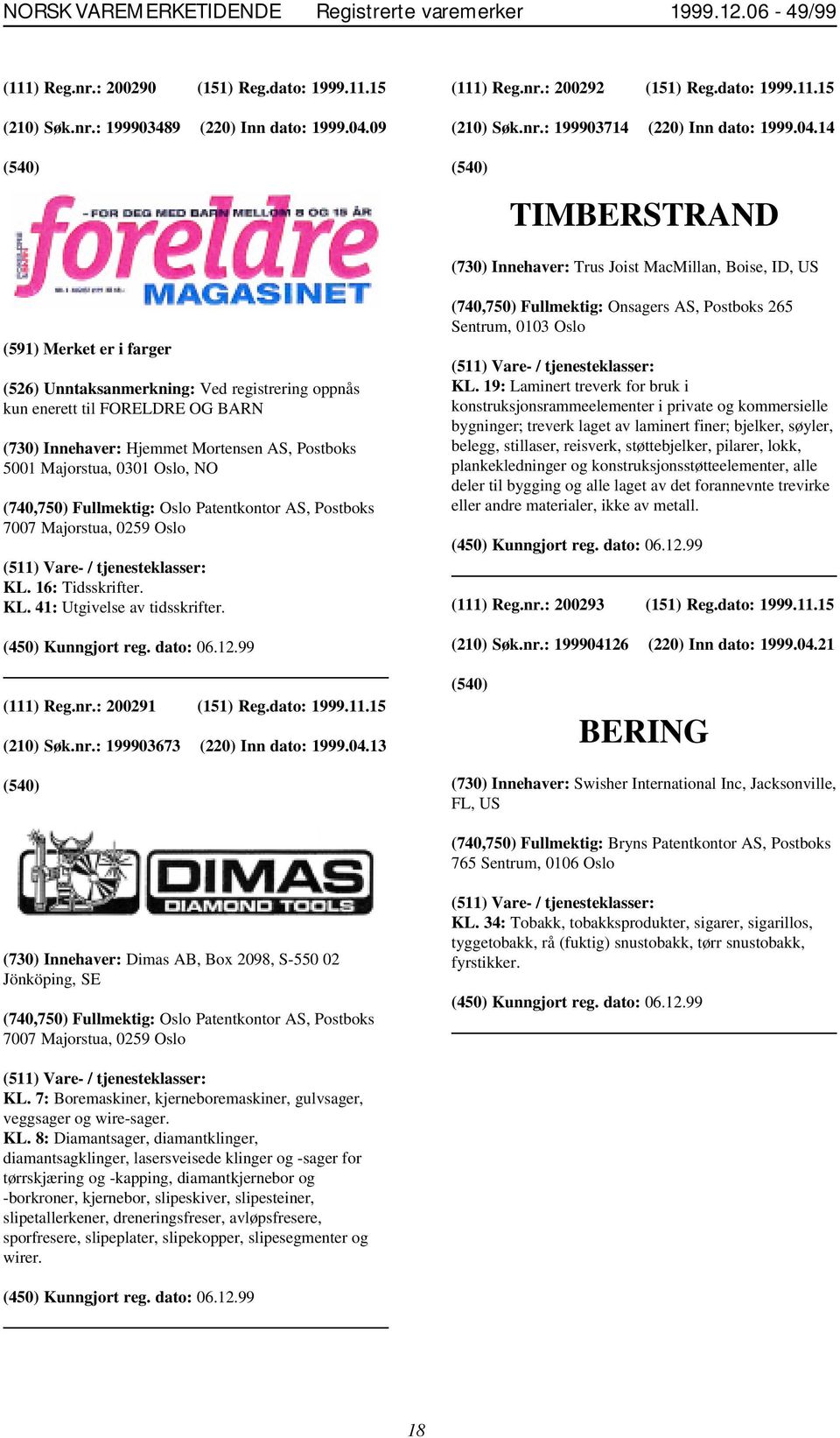 14 TIMBERSTRAND (730) Innehaver: Trus Joist MacMillan, Boise, ID, US (591) Merket er i farger (526) Unntaksanmerkning: Ved registrering oppnås kun enerett til FORELDRE OG BARN (730) Innehaver: