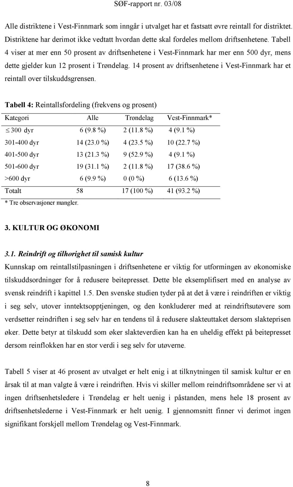 14 prosent av driftsenhetene i Vest-Finnmark har et reintall over tilskuddsgrensen. Tabell 4: Reintallsfordeling (frekvens og prosent) Kategori Alle Trøndelag Vest-Finnmark* 300 dyr 6 (9.8 %) 2 (11.