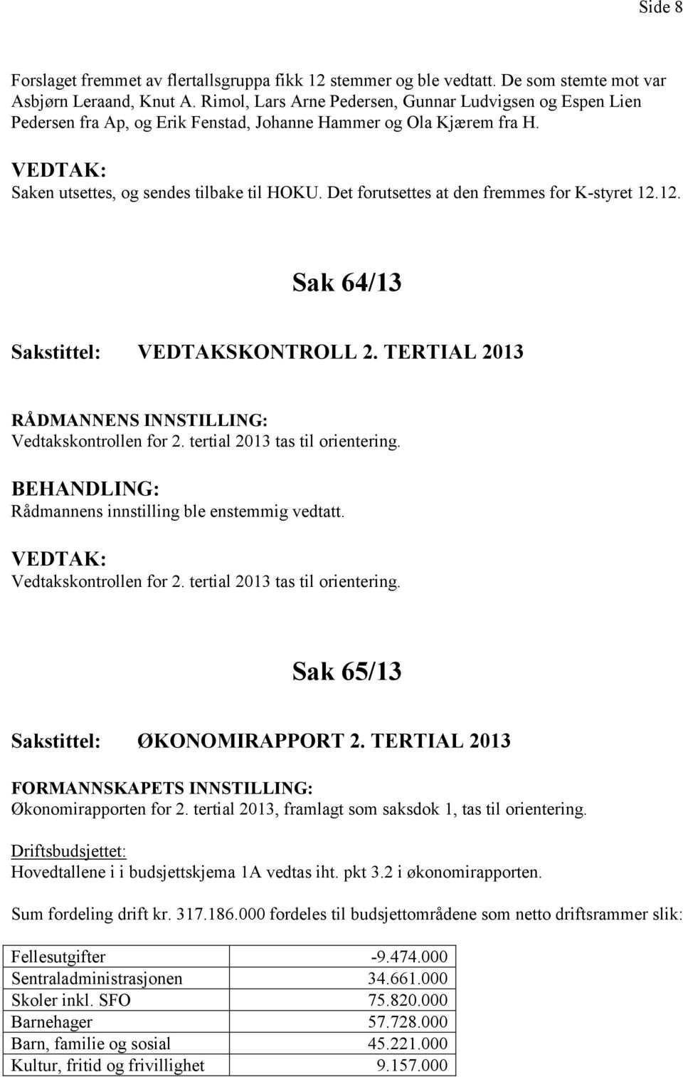 Det forutsettes at den fremmes for K-styret 12.12. Sak 64/13 VEDTAKSKONTROLL 2. TERTIAL 2013 RÅDMANNENS INNSTILLING: Vedtakskontrollen for 2. tertial 2013 tas til orientering.