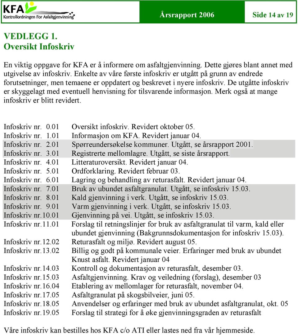 De utgåtte infoskriv er skyggelagt med eventuell henvisning for tilsvarende informasjon. Merk også at mange infoskriv er blitt revidert. Infoskriv nr. 0.01 Oversikt infoskriv. Revidert oktober 05.