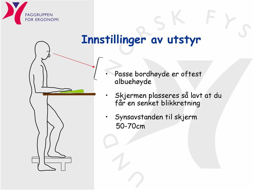 Skjermen plasseres så lavt at du får