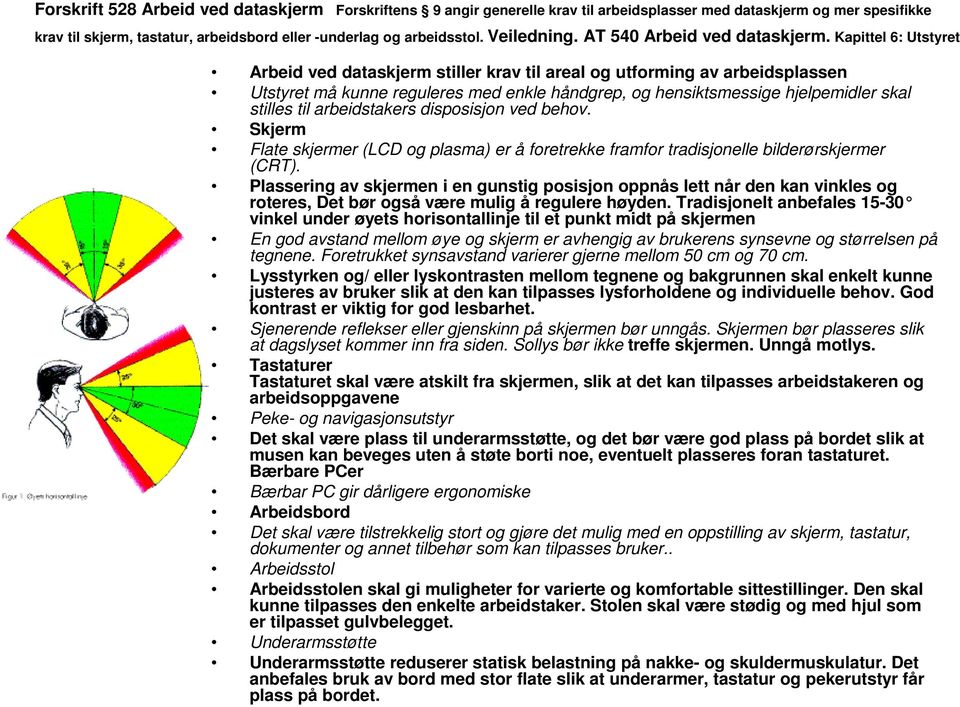 Kapittel 6: Utstyret Arbeid ved dataskjerm stiller krav til areal og utforming av arbeidsplassen Utstyret må kunne reguleres med enkle håndgrep, og hensiktsmessige hjelpemidler skal stilles til