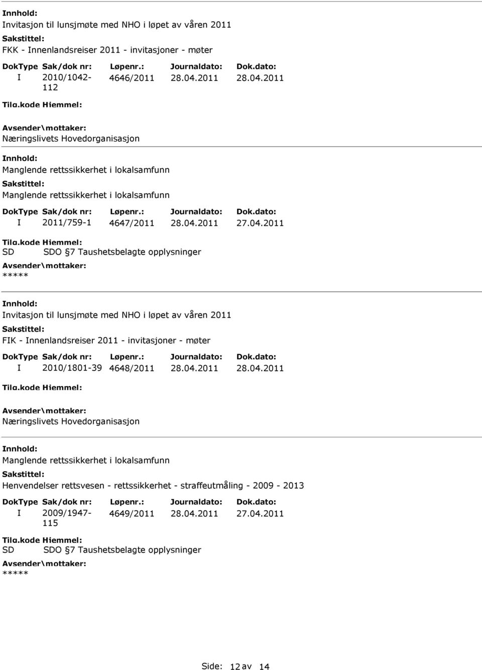 kode SD Hjemmel: SDO 7 Taushetsbelagte opplysninger ***** nvitasjon til lunsjmøte med NHO i løpet av våren 2011 FK - nnenlandsreiser 2011 - invitasjoner - møter 2010/1801-39 4648/2011