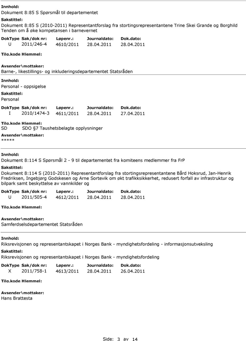 kode SD Hjemmel: SDO 7 Taushetsbelagte opplysninger ***** Dokument 8:114 S Spørsmål 2-9 til departementet fra komiteens medlemmer fra FrP Dokument 8:114 S (2010-2011) Representantforslag fra