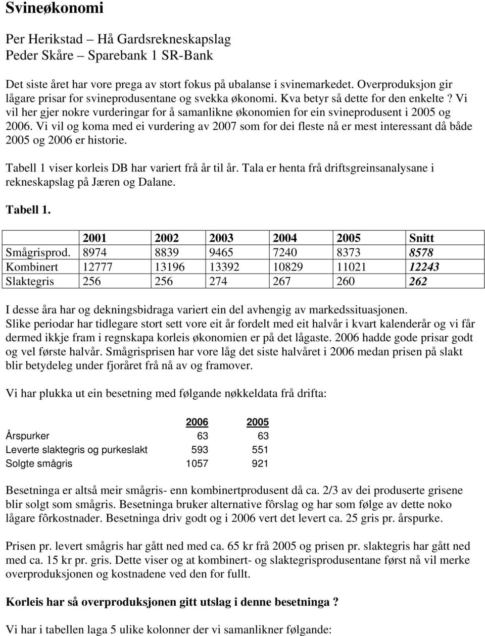 Vi vil her gjer nokre vurderingar for å samanlikne økonomien for ein svineprodusent i 2005 og 2006.