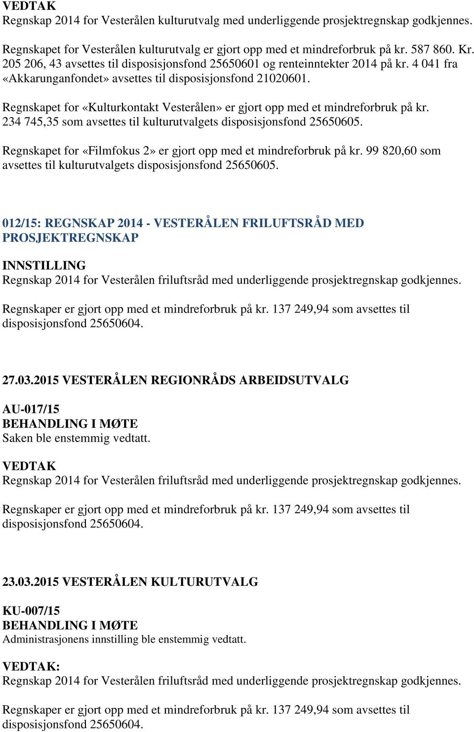 Regnskapet for «Kulturkontakt Vesterålen» er gjort opp med et mindreforbruk på kr. 234 745,35 som avsettes til kulturutvalgets disposisjonsfond 25650605.