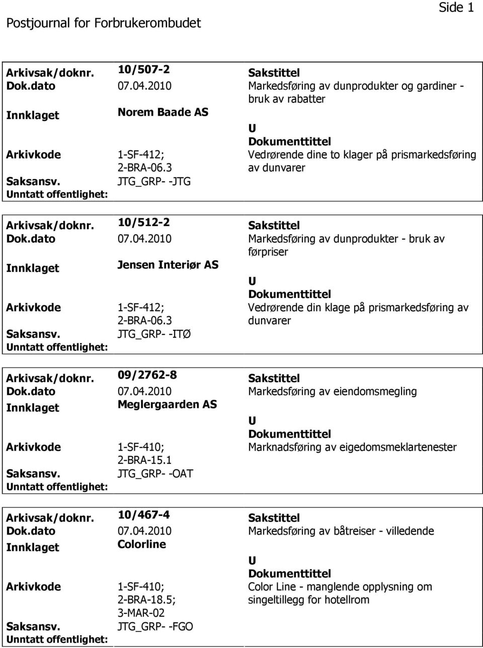 2010 Markedsføring av dunprodukter - bruk av førpriser nnklaget Jensen nteriør AS 1-SF-412; 2-BRA-06.3 JTG_GRP- -TØ Vedrørende din klage på prismarkedsføring av dunvarer Arkivsak/doknr.