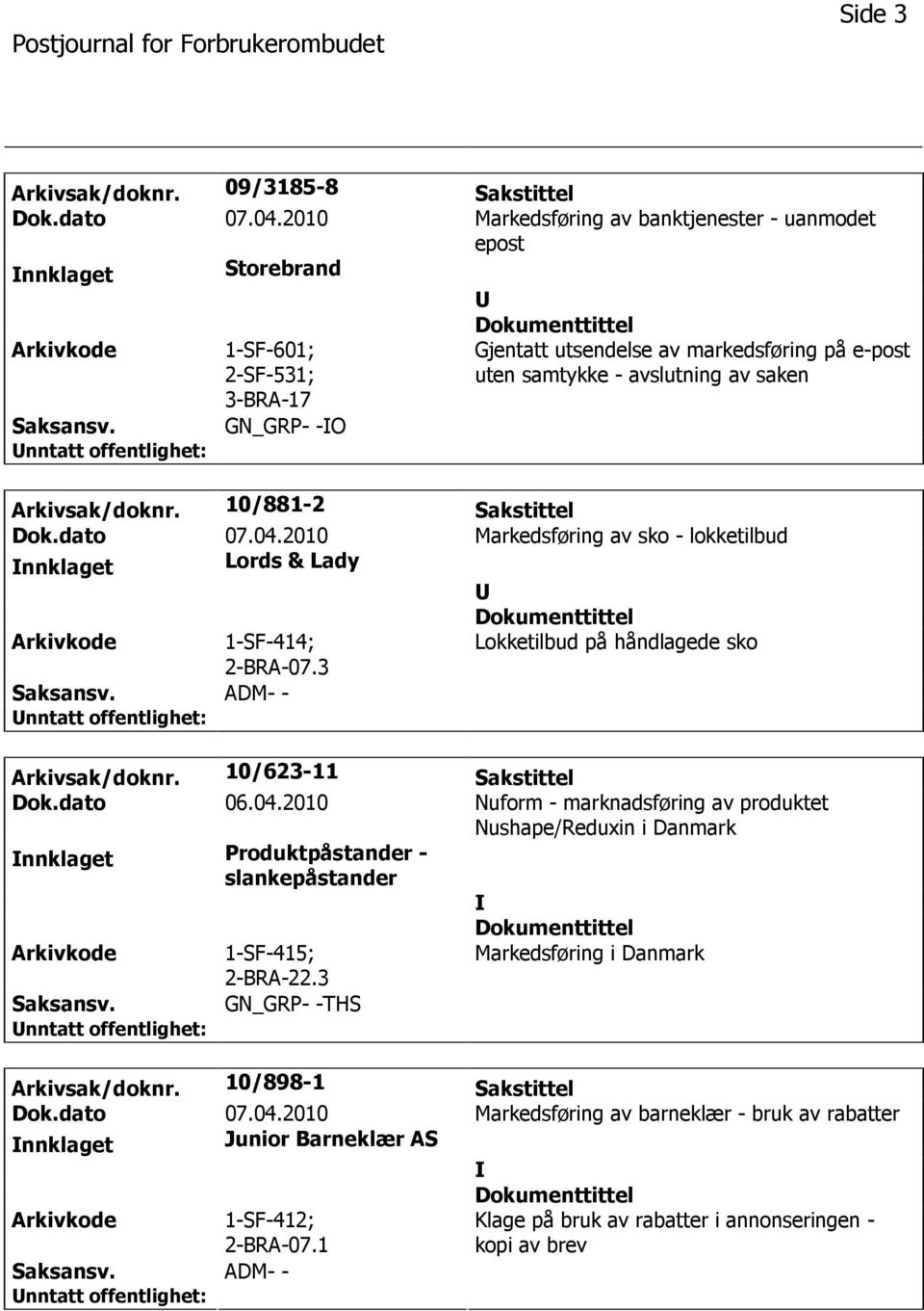 Arkivsak/doknr. 10/881-2 Sakstittel Dok.dato 07.04.2010 Markedsføring av sko - lokketilbud nnklaget Lords & Lady 1-SF-414; 2-BRA-07.3 Lokketilbud på håndlagede sko ADM- - Arkivsak/doknr.