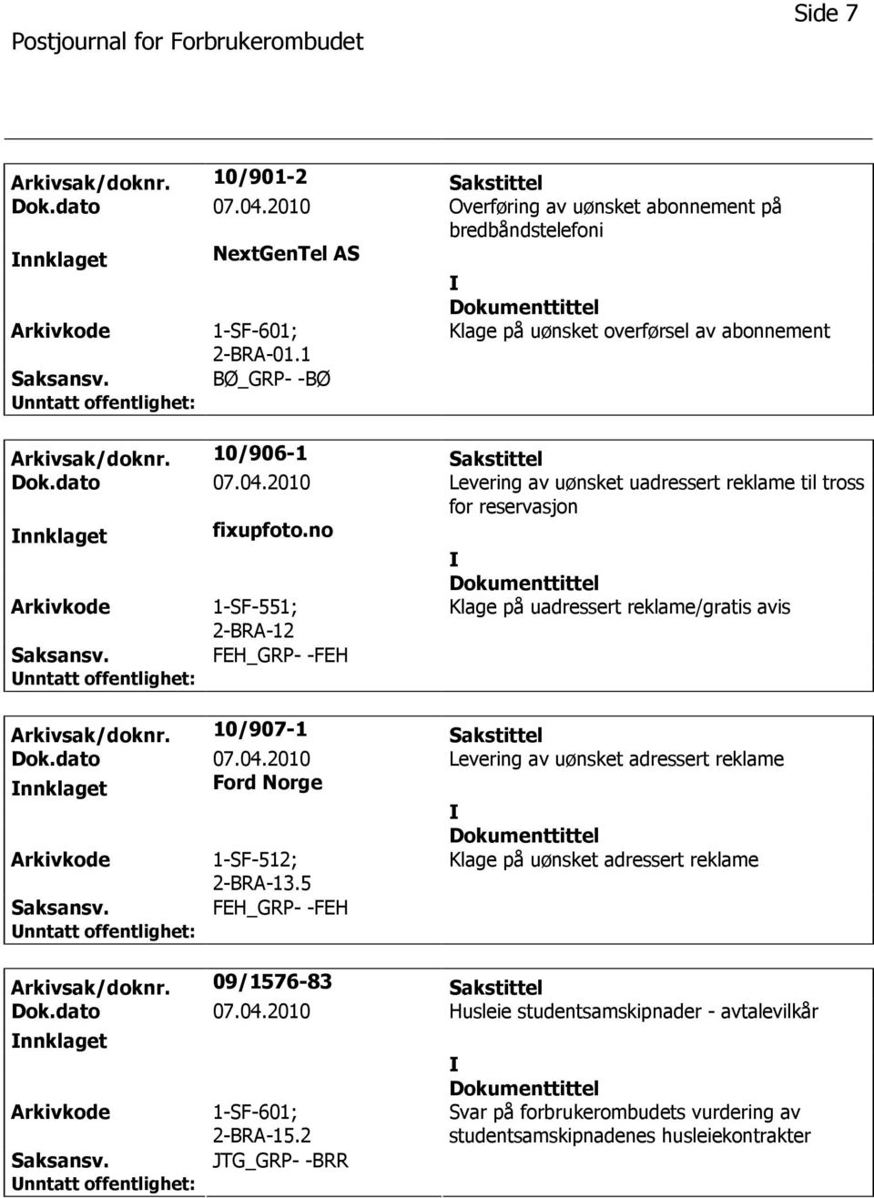 no 1-SF-551; 2-BRA-12 Klage på uadressert reklame/gratis avis FEH_GRP- -FEH Arkivsak/doknr. 10/907-1 Sakstittel Dok.dato 07.04.