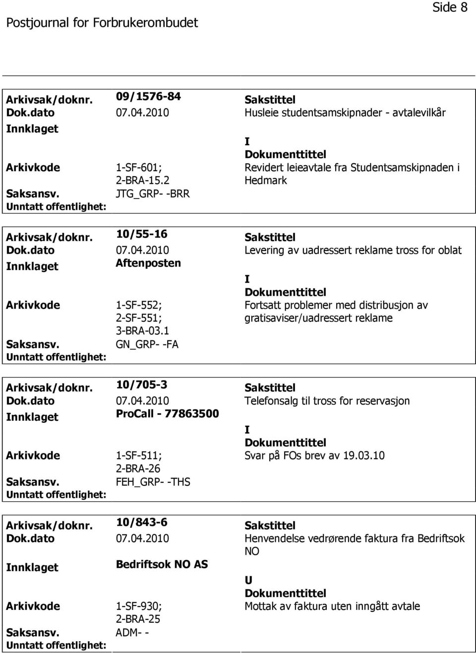 2010 Levering av uadressert reklame tross for oblat nnklaget Aftenposten 1-SF-552; 2-SF-551; 3-BRA-03.