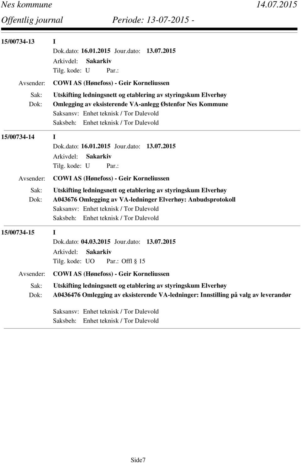 2015 A043676 Omlegging av VA-ledninger Elverhøy: Anbudsprotokoll 15/00734-15 I Dok.dato: 04.03.