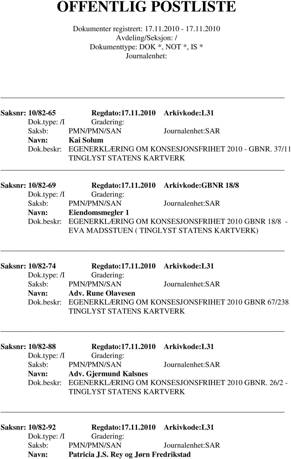 beskr: EGENERKLÆRING OM KONSESJONSFRIHET 2010 GBNR 67/238 TINGLYST STATENS KARTVERK Saksnr: 10/82-88 Regdato:17.11.2010 Arkivkode:L31 Adv. Gjermund Kalsnes Dok.