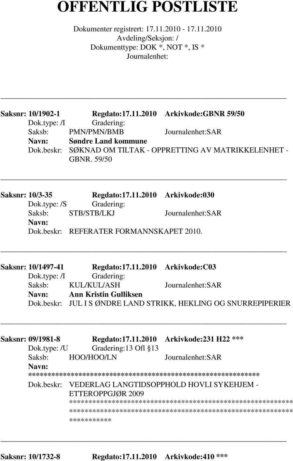 11.2010 Arkivkode:C03 Saksb: KUL/KUL/ASH SAR Ann Kristin Gulliksen Dok.beskr: JUL I S ØNDRE LAND STRIKK, HEKLING OG SNURREPIPERIER Saksnr: 09/1981-8 Regdato:17.11.2010 Arkivkode:231 H22 *** Dok.