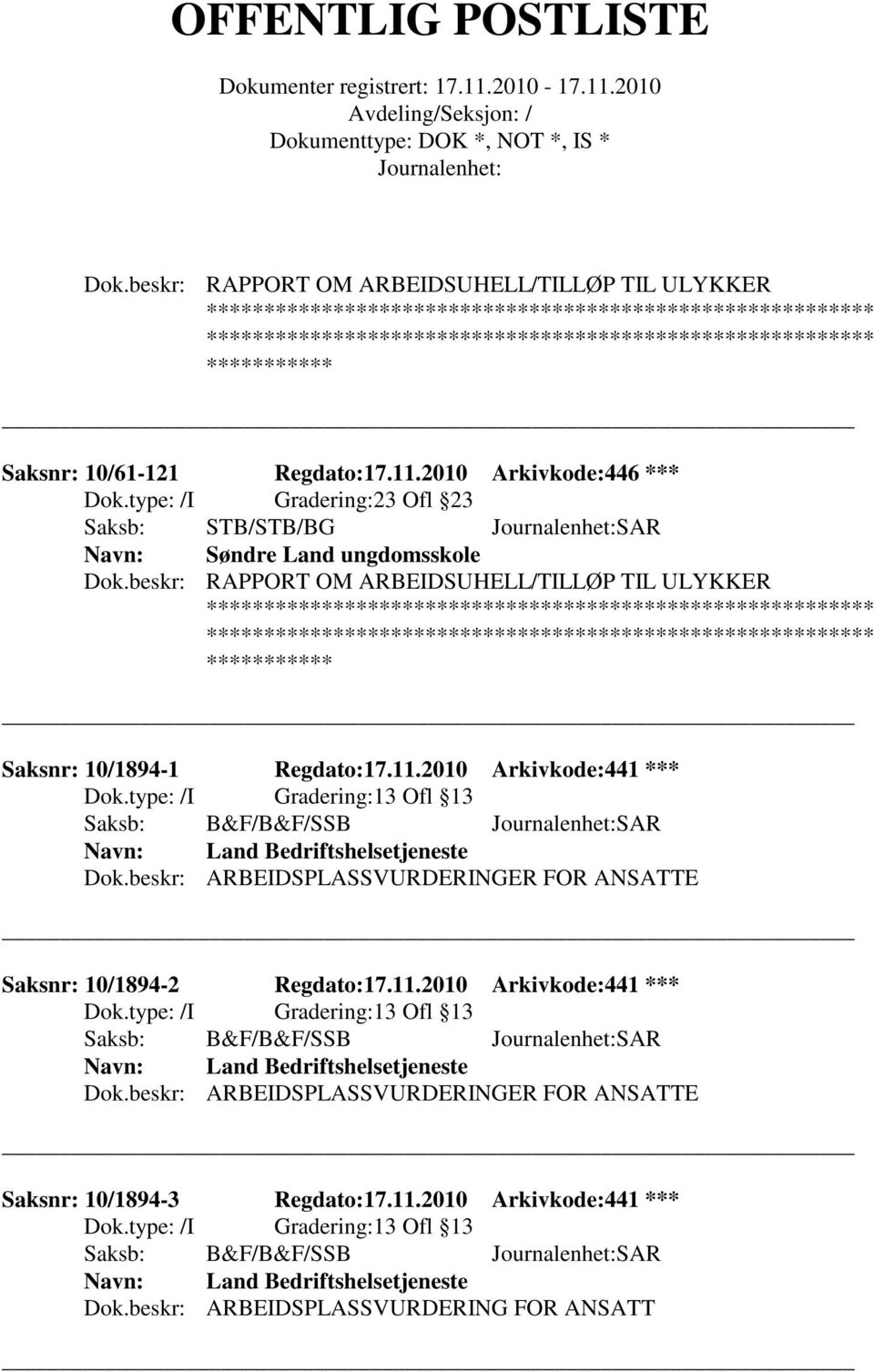 beskr: ARBEIDSPLASSVURDERINGER FOR ANSATTE Saksnr: 10/1894-2 Regdato:17.11.2010 Arkivkode:441 *** 13 Ofl 13 Saksb: B&F/B&F/SSB SAR Land Bedriftshelsetjeneste Dok.