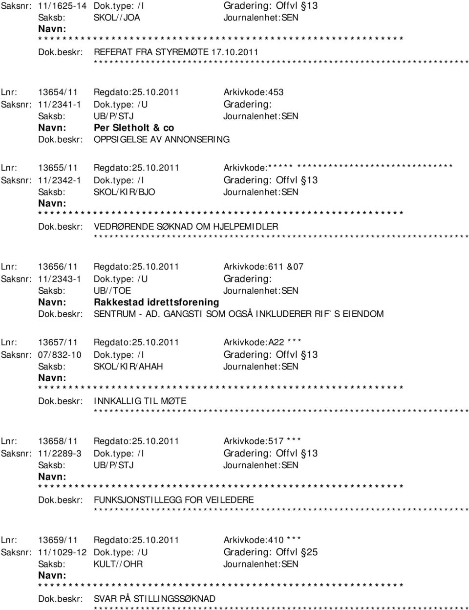 type: /I Offvl 13 Saksb: SKOL/KIR/BJO Journalenhet:SEN Dok.beskr: VEDRØRENDE SØKNAD OM HJELPEMIDLER Lnr: 13656/11 Regdato:25.10.2011 Arkivkode:611 &07 Saksnr: 11/2343-1 Dok.