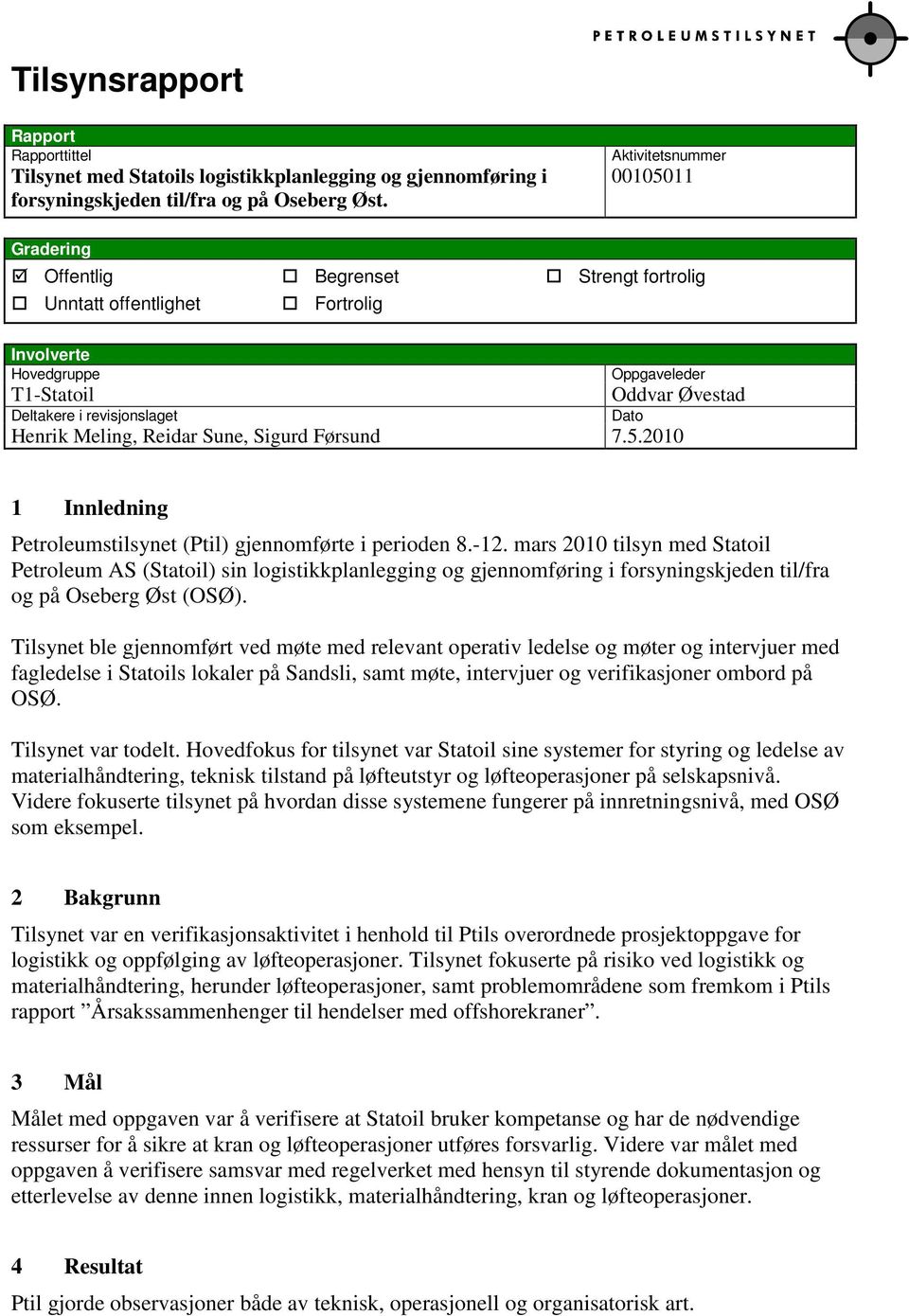 Henrik Meling, Reidar Sune, Sigurd Førsund 7.5.2010 Dato 1 Innledning Petroleumstilsynet (Ptil) gjennomførte i perioden 8.-12.