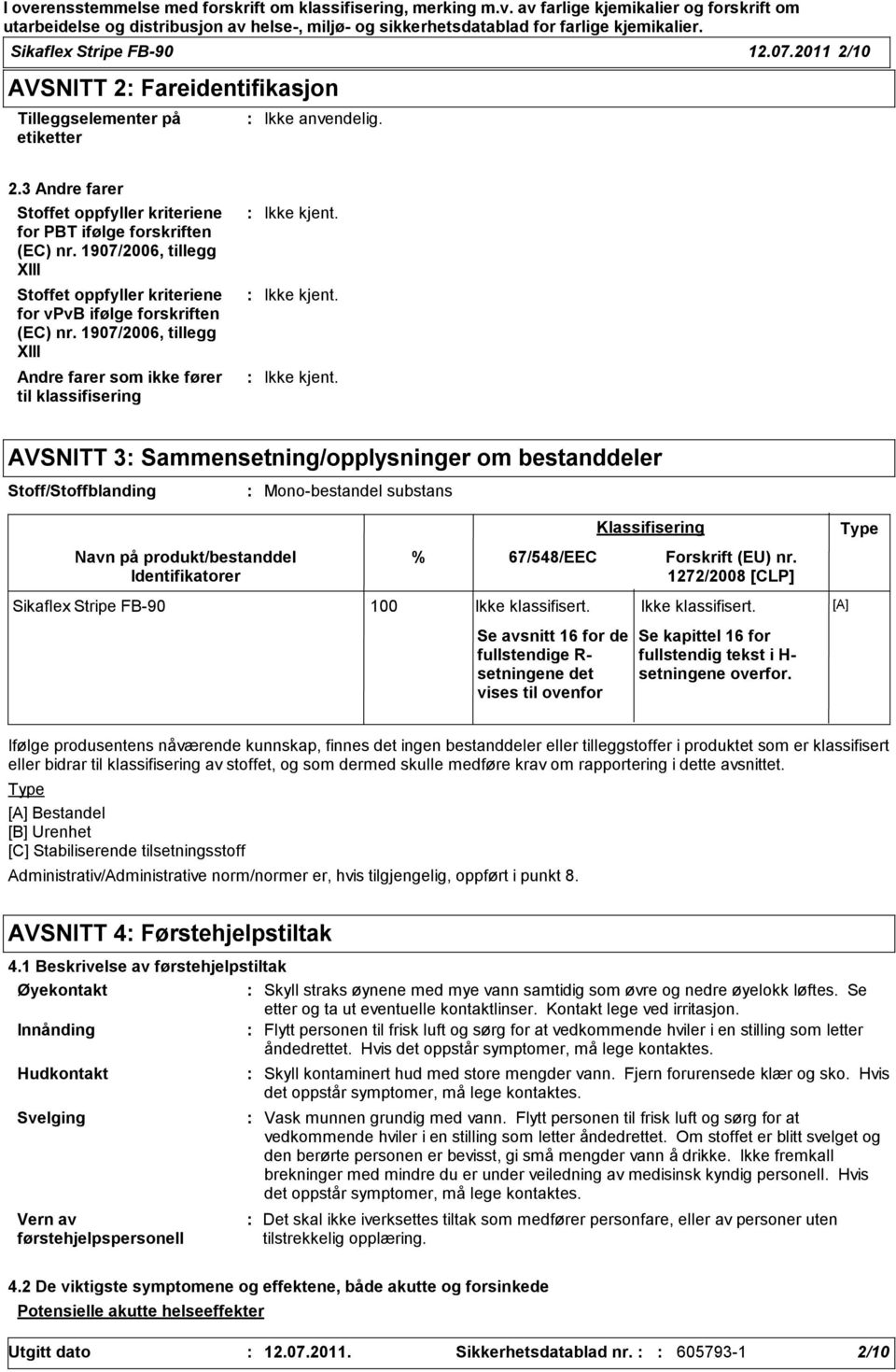 1907/2006, tillegg XIII Andre farer som ikke fører til klassifisering AVSNITT 3 Sammensetning/opplysninger om bestanddeler Stoff/Stoffblanding Navn på produkt/bestanddel Identifikatorer Monobestandel