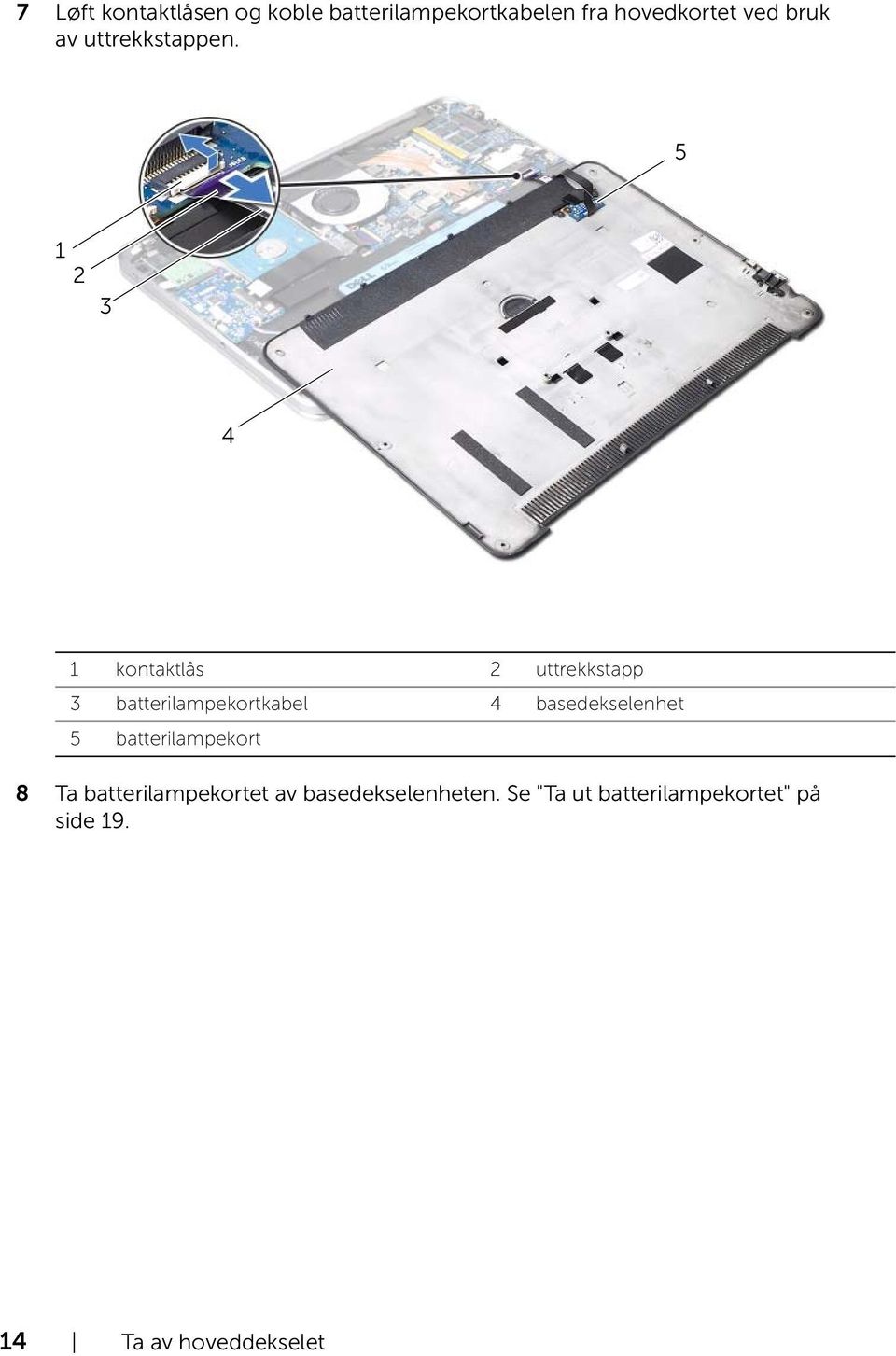 5 1 2 3 4 1 kontaktlås 2 uttrekkstapp 3 batterilampekortkabel 4