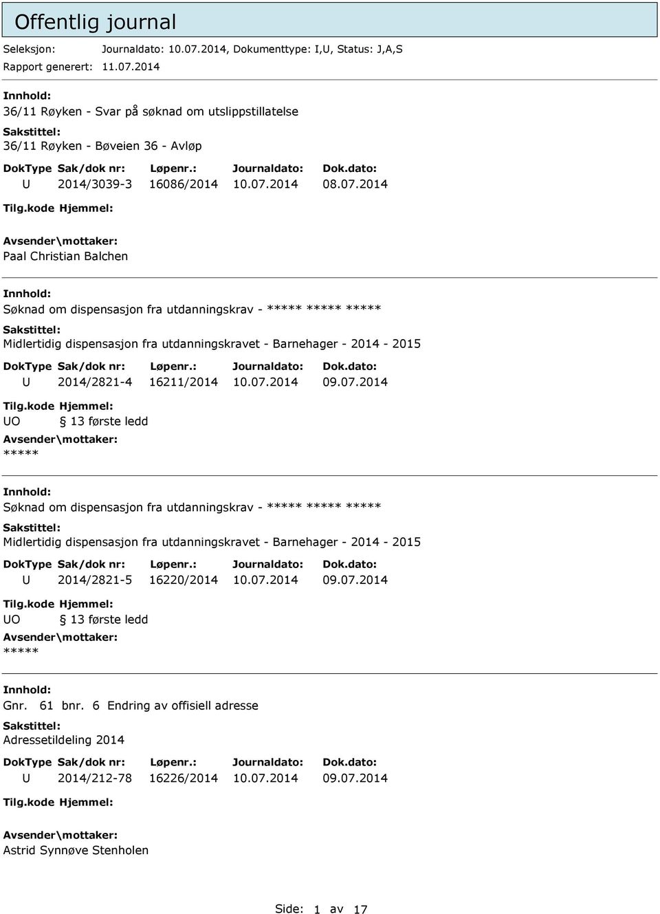 utdanningskrav - Midlertidig dispensasjon fra utdanningskravet - Barnehager - 2014-2015 2014/2821-4 16211/2014 O 13 første ledd Søknad om dispensasjon fra