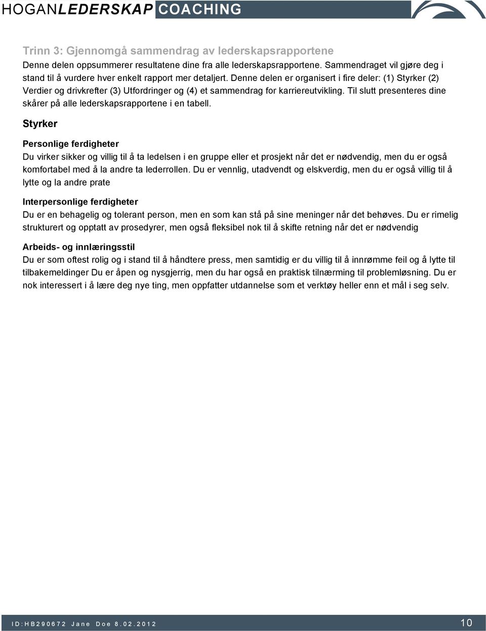 Denne delen er organisert i fire deler: (1) Styrker (2) Verdier og drivkrefter (3) Utfordringer og (4) et sammendrag for karriereutvikling.