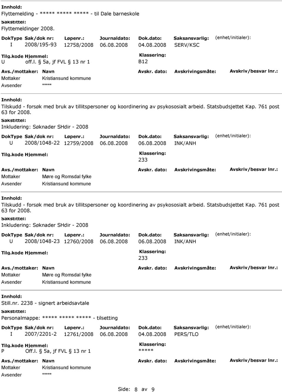 nkludering: Søknader SHdir - 2008 2008/1048-22 12759/2008 NK/ANH Tilskudd - forsøk med bruk av tillitspersoner og koordinering av psykososialt arbeid.