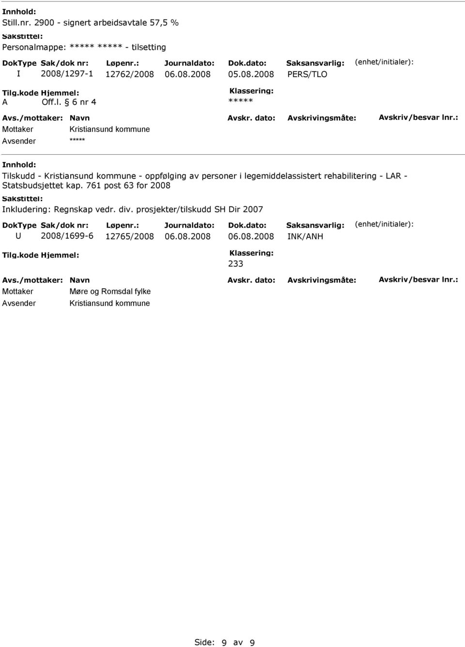 l. 6 nr 4 Avsender Tilskudd - Kristiansund kommune - oppfølging av personer i