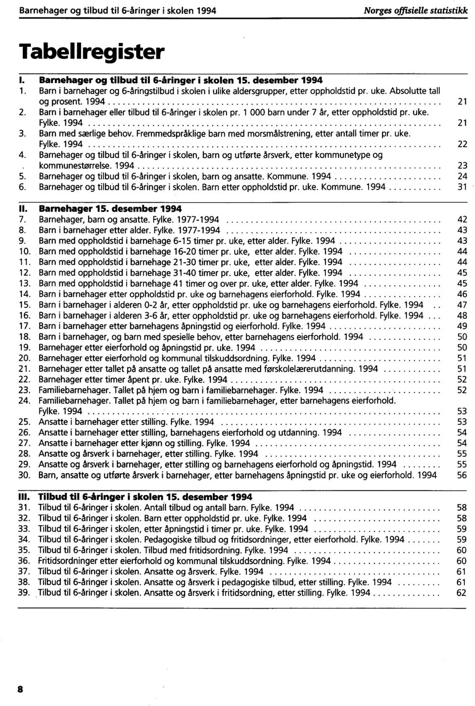 1 000 barn under 7 år, etter oppholdstid pr. uke. Fylke. 1994 21 3. Barn med særlige behov. Fremmedspråklige barn med morsmålstrening, etter antall timer pr. uke. Fylke. 1994 22 4.