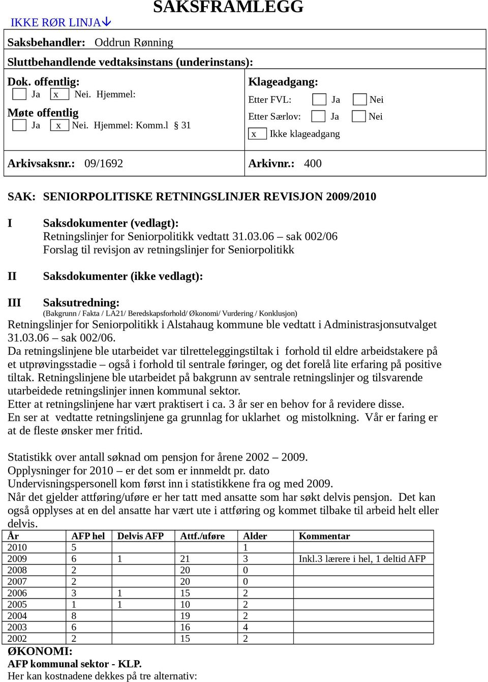 : 400 SAK: SENIORPOLITISKE RETNINGSLINJER REVISJON 2009/2010 I II Saksdokumenter (vedlagt): Retningslinjer for Seniorpolitikk vedtatt 31.03.