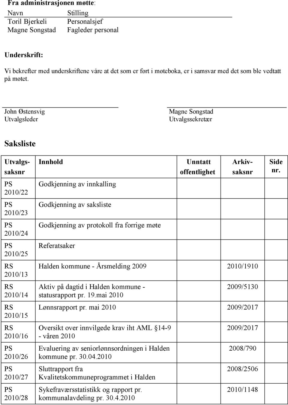 John Østensvig Utvalgsleder Magne Songstad Utvalgssekretær Saksliste 2010/22 2010/23 2010/24 2010/25 2010/13 2010/14 2010/15 2010/16 2010/26 2010/27 2010/28 Innhold Godkjenning av innkalling