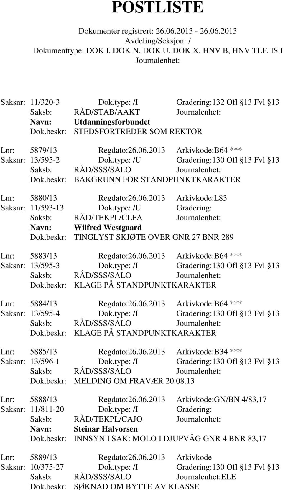 type: /U Gradering: Saksb: RÅD/TEKPL/CLFA Navn: Wilfred Westgaard Dok.beskr: TINGLYST SKJØTE OVER GNR 27 BNR 289 Lnr: 5883/13 Regdato:26.06.2013 Arkivkode:B64 *** Saksnr: 13/595-3 Dok.