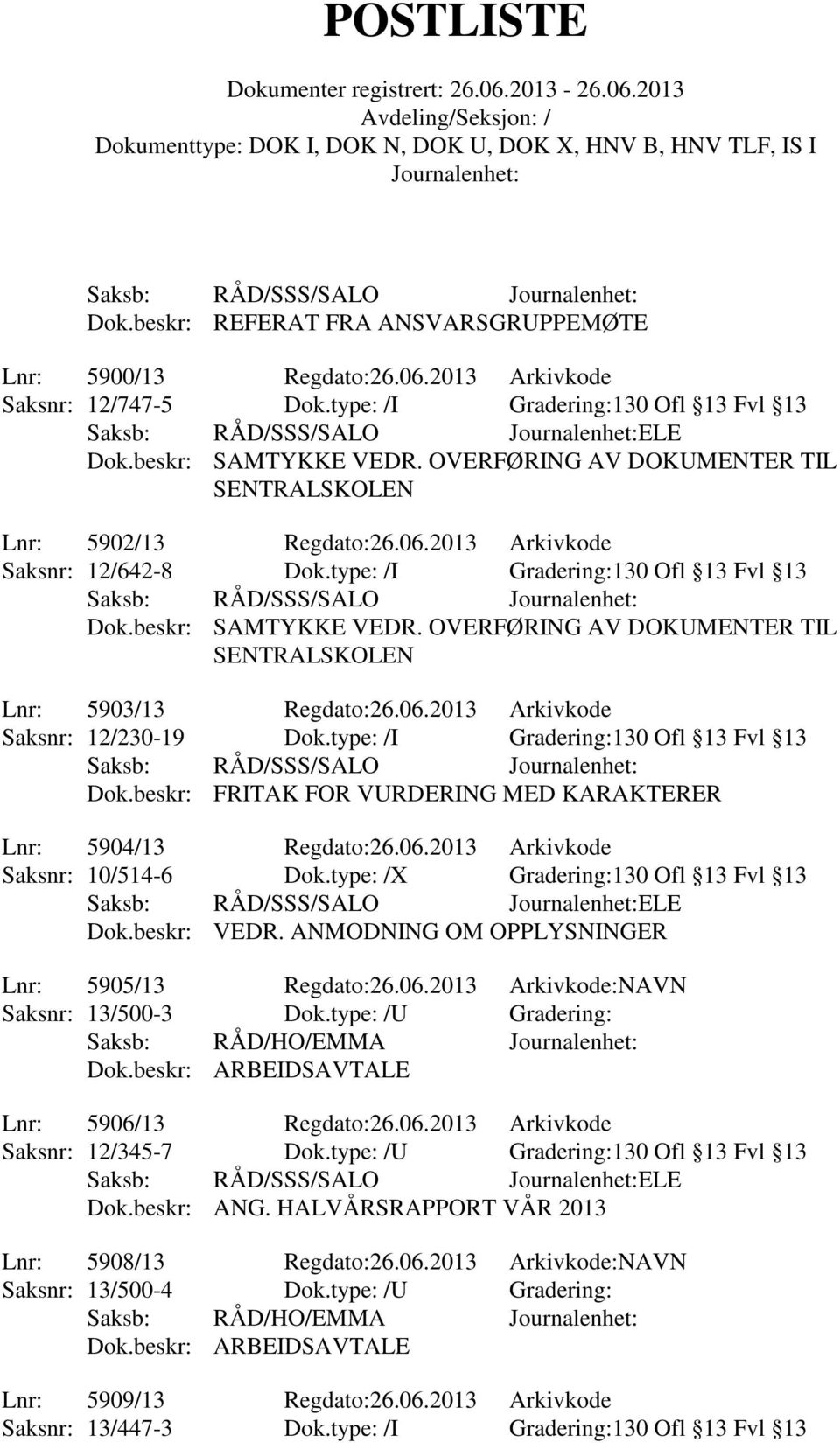 beskr: FRITAK FOR VURDERING MED KARAKTERER Lnr: 5904/13 Regdato:26.06.2013 Arkivkode Saksnr: 10/514-6 Dok.type: /X Gradering:130 Ofl 13 Fvl 13 ELE Dok.beskr: VEDR.