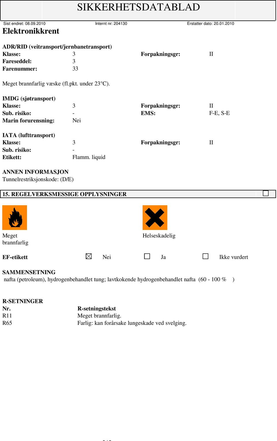 risiko: - Etikett: Flamm. liquid ANNEN INFORMASJON Tunnelrestriksjonskode: (D/E) 15.