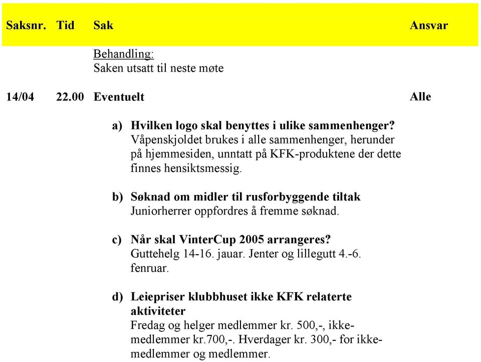 b) Søknad om midler til rusforbyggende tiltak Juniorherrer oppfordres å fremme søknad. c) Når skal VinterCup 2005 arrangeres? Guttehelg 14-16. jauar.