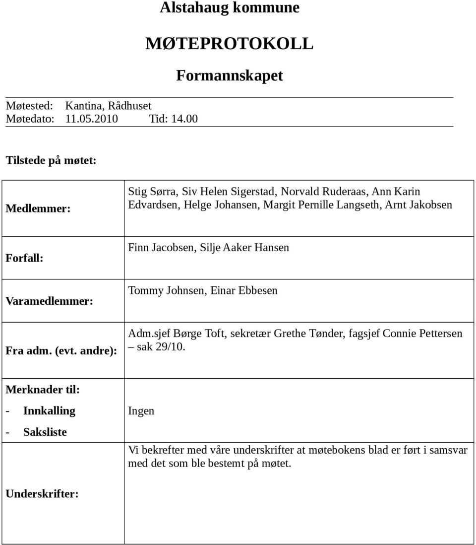 Helge Johansen, Margit Pernille Langseth, Arnt Jakobsen Forfall: Varamedlemmer: Fra adm. (evt.