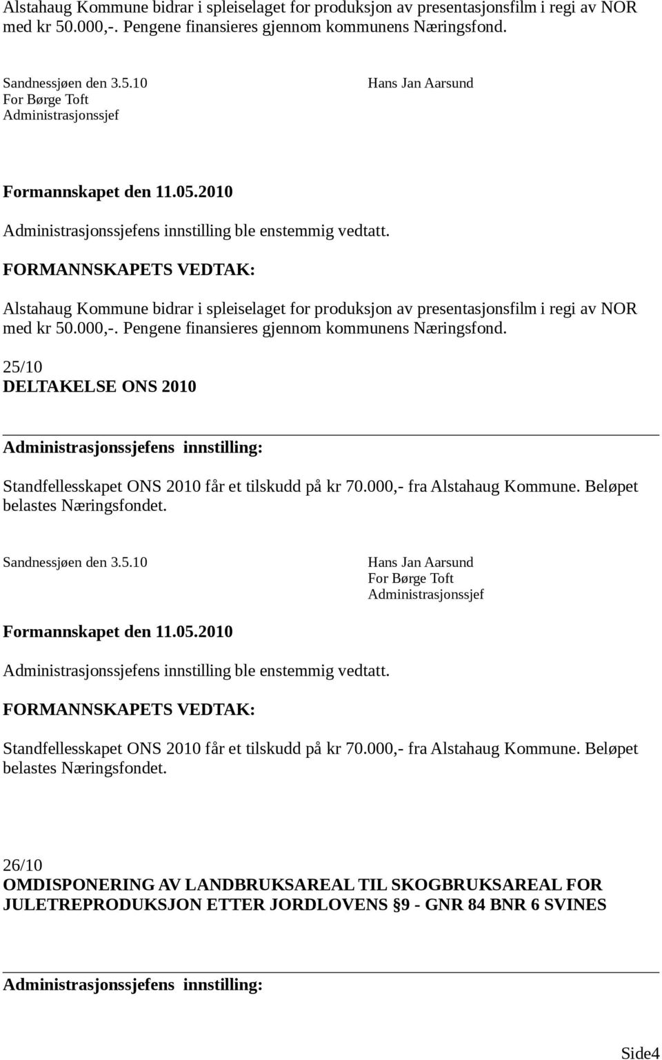 25/10 DELTAKELSE ONS 2010 Standfellesskapet ONS 2010 får et tilskudd på kr 70.000,- fra Alstahaug Kommune. Beløpet belastes Næringsfondet. Sandnessjøen den 3.5.10 Hans Jan Aarsund For Børge Toft ens innstilling ble enstemmig vedtatt.