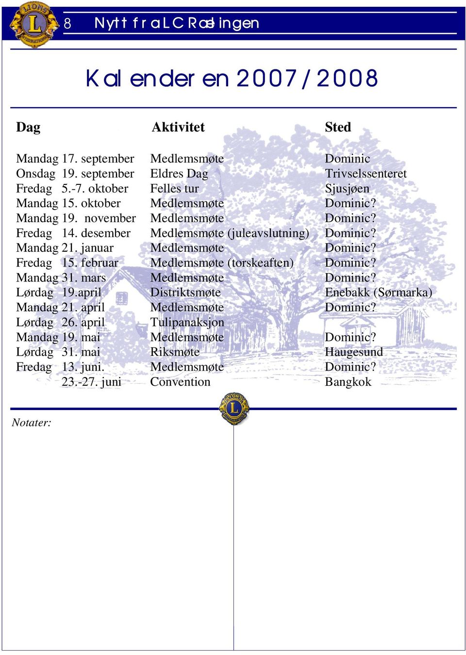 januar Medlemsmøte Dominic? Fredag 15. februar Medlemsmøte (torskeaften) Dominic? Mandag 31. mars Medlemsmøte Dominic? Lørdag 19.april Distriktsmøte Enebakk (Sørmarka) Mandag 21.