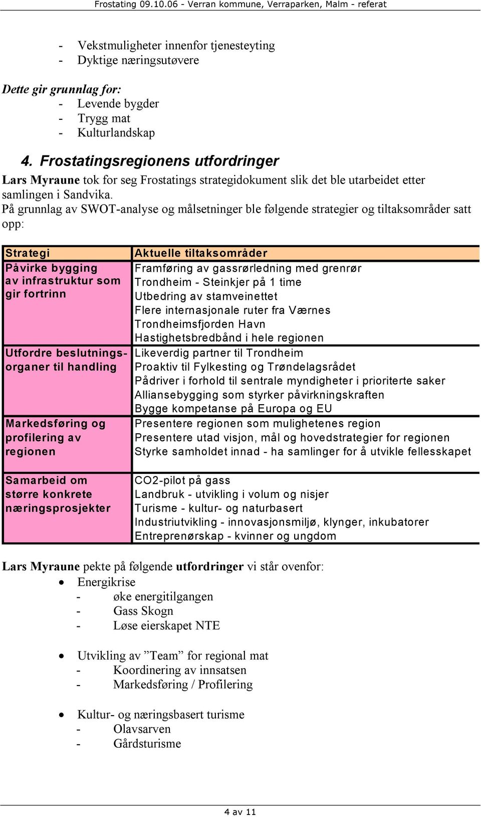 På grunnlag av SWOT-analyse og målsetninger ble følgende strategier og tiltaksområder satt opp: Strategi Aktuelle tiltaksområder Påvirke bygging Framføring av gassrørledning med grenrør av