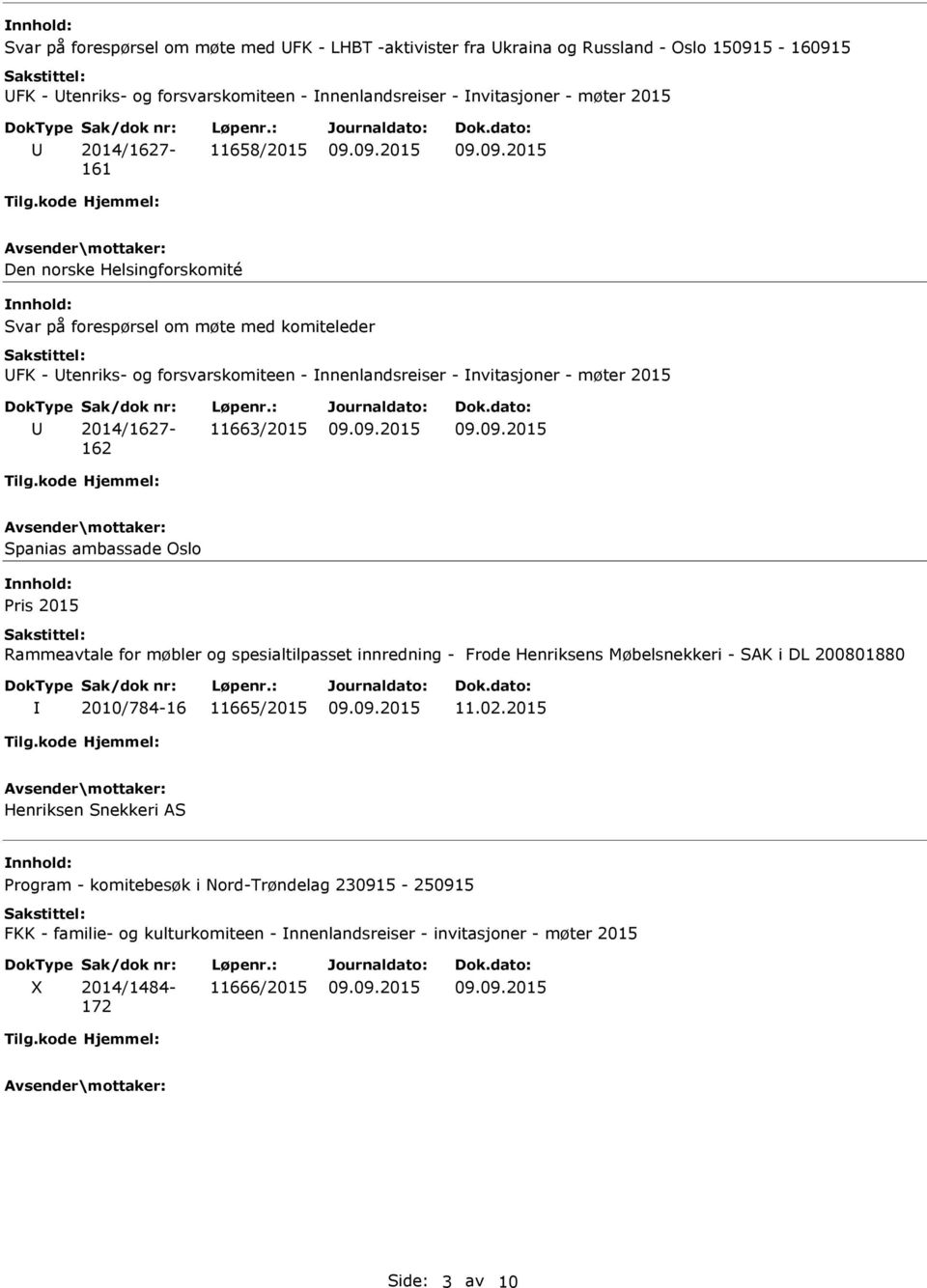 2014/1627-162 11663/2015 Spanias ambassade Oslo Pris 2015 Rammeavtale for møbler og spesialtilpasset innredning - Frode Henriksens Møbelsnekkeri - SAK i DL 200801880 2010/784-16 11665/2015