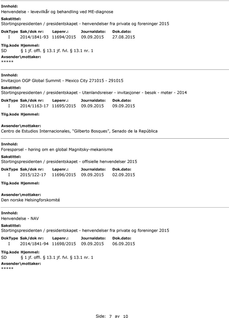 11695/2015 Centro de Estudios nternacionales, Gilberto Bosques, Senado de la República Forespørsel - høring om en global Magnitsky-mekanisme Stortingspresidenten /