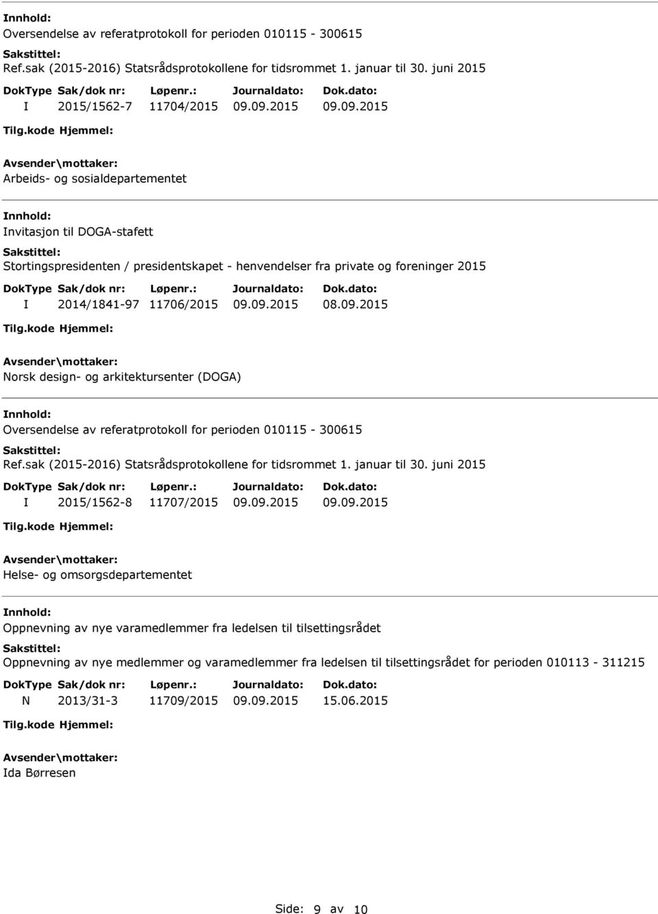 2015 Norsk design- og arkitektursenter (DOGA)  juni 2015 2015/1562-8 11707/2015 Helse- og omsorgsdepartementet Oppnevning av nye varamedlemmer fra ledelsen til tilsettingsrådet