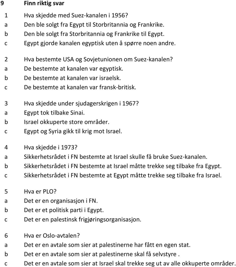 c De bestemte at kanalen var fransk-britisk. 3 Hva skjedde under sjudagerskrigen i 1967? a Egypt tok tilbake Sinai. b Israel okkuperte store områder. c Egypt og Syria gikk til krig mot Israel.