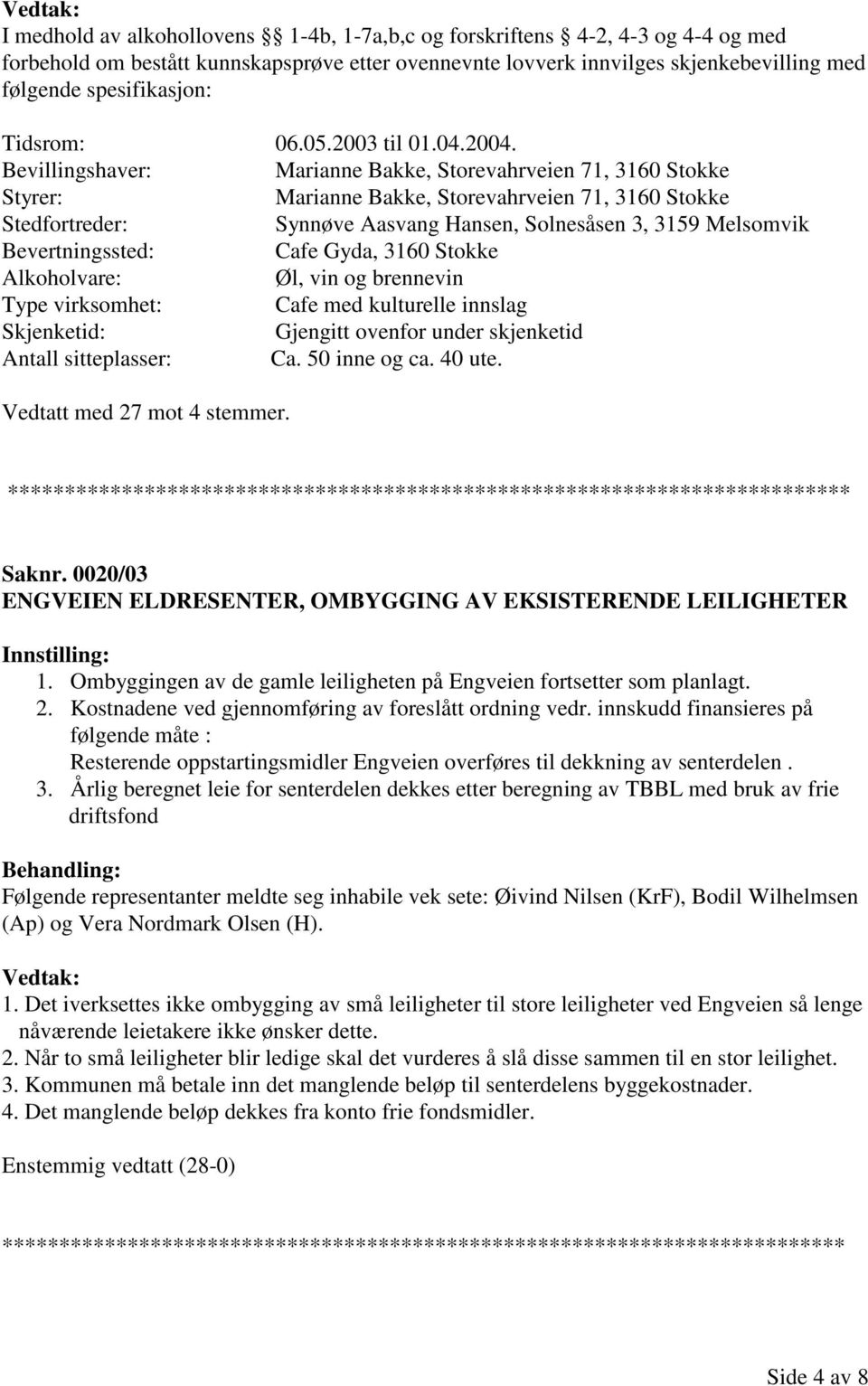 Bevillingshaver: Marianne Bakke, Storevahrveien 71, 3160 Stokke Styrer: Marianne Bakke, Storevahrveien 71, 3160 Stokke Stedfortreder: Synnøve Aasvang Hansen, Solnesåsen 3, 3159 Melsomvik