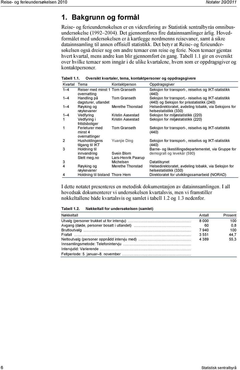 Det betyr at Reise- og ferieundersøkelsen også dreier seg om andre temaer enn reise og ferie. Noen temaer gjentas hvert kvartal, mens andre kun blir gjennomført én gang. Tabell 1.