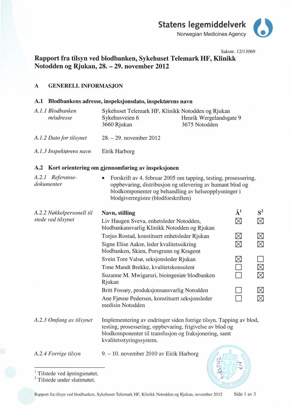 1.2 Dato for tilsynet 28. 29. november 2012 A.1.3 Inspektørens navn A.2 Kort orientering om gjennomføring av inspeksjonen A.2.1 Referanse- Forskrift av 4.